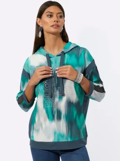 Shirts| Sweatshirt mit Kontrast-Einsätzen salbei-dunkelblau-bedruckt