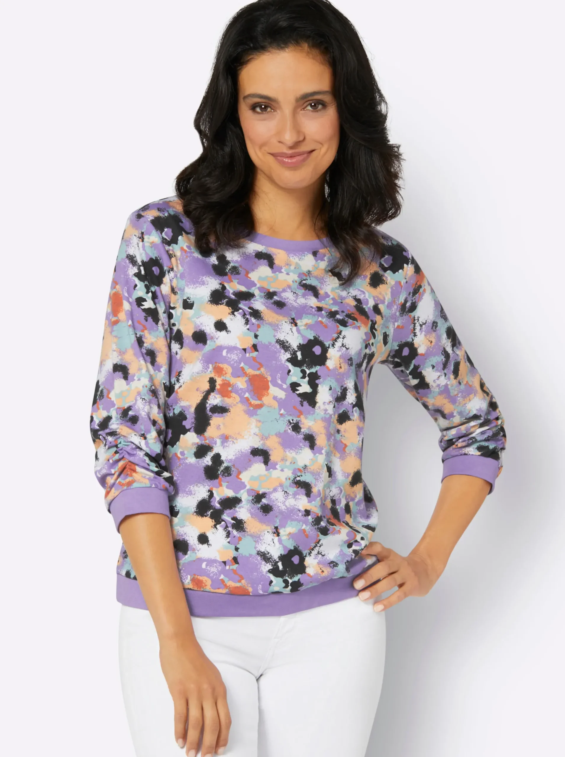 Pullover|Shirts| Sweatshirt mit 3/4-langen Ärmeln apricot-lavendel-bedruckt