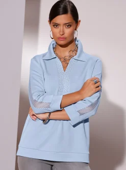 Pullover|Shirts| Sweatshirt mit Netzeinsatz entlang der Ärmel hellblau