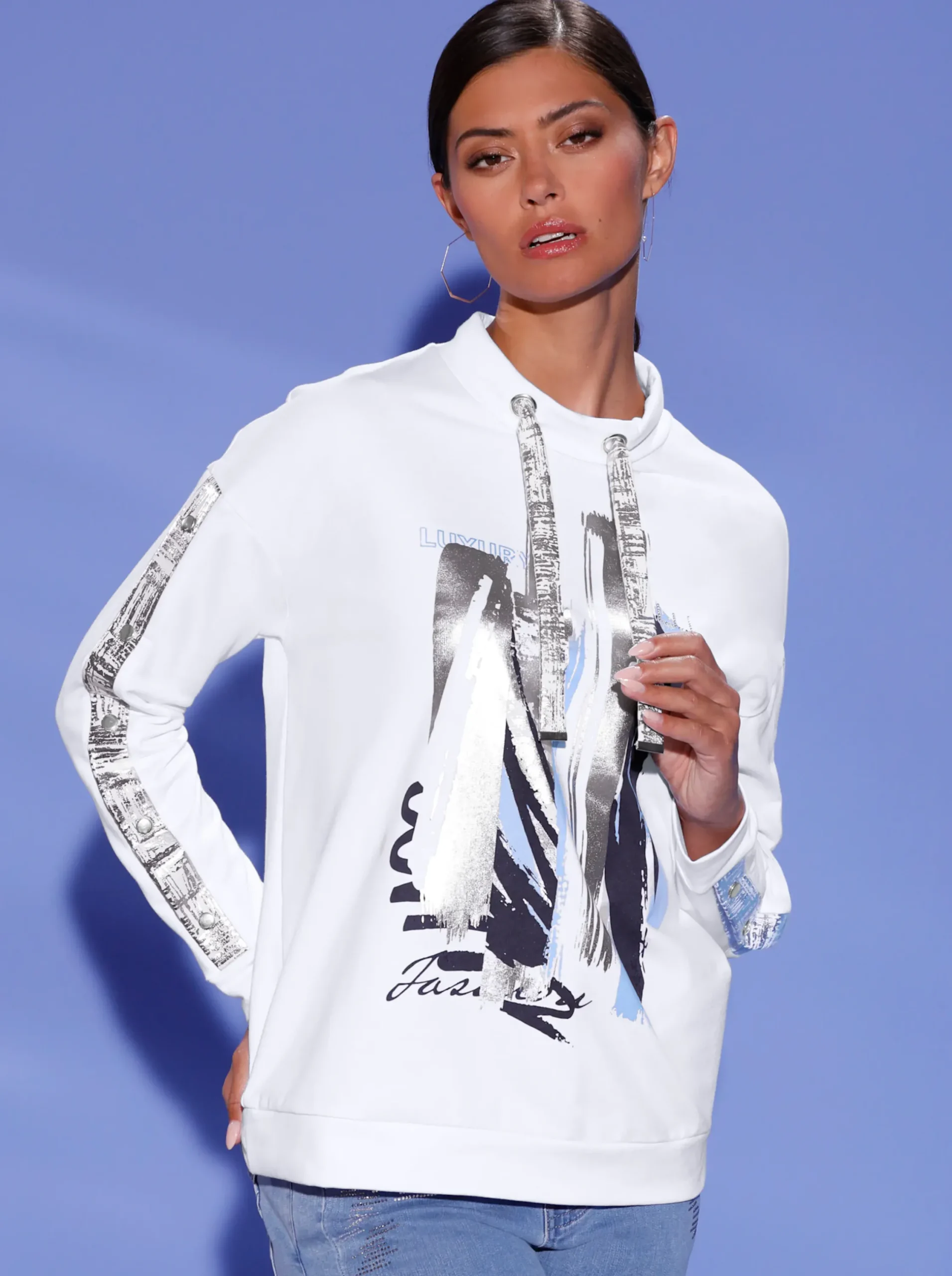 Pullover| Sweatshirt mit platziertem Metallic-Druck weiß-silberfarben-bedruckt