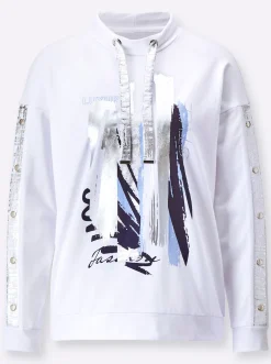 Pullover| Sweatshirt mit platziertem Metallic-Druck weiß-silberfarben-bedruckt