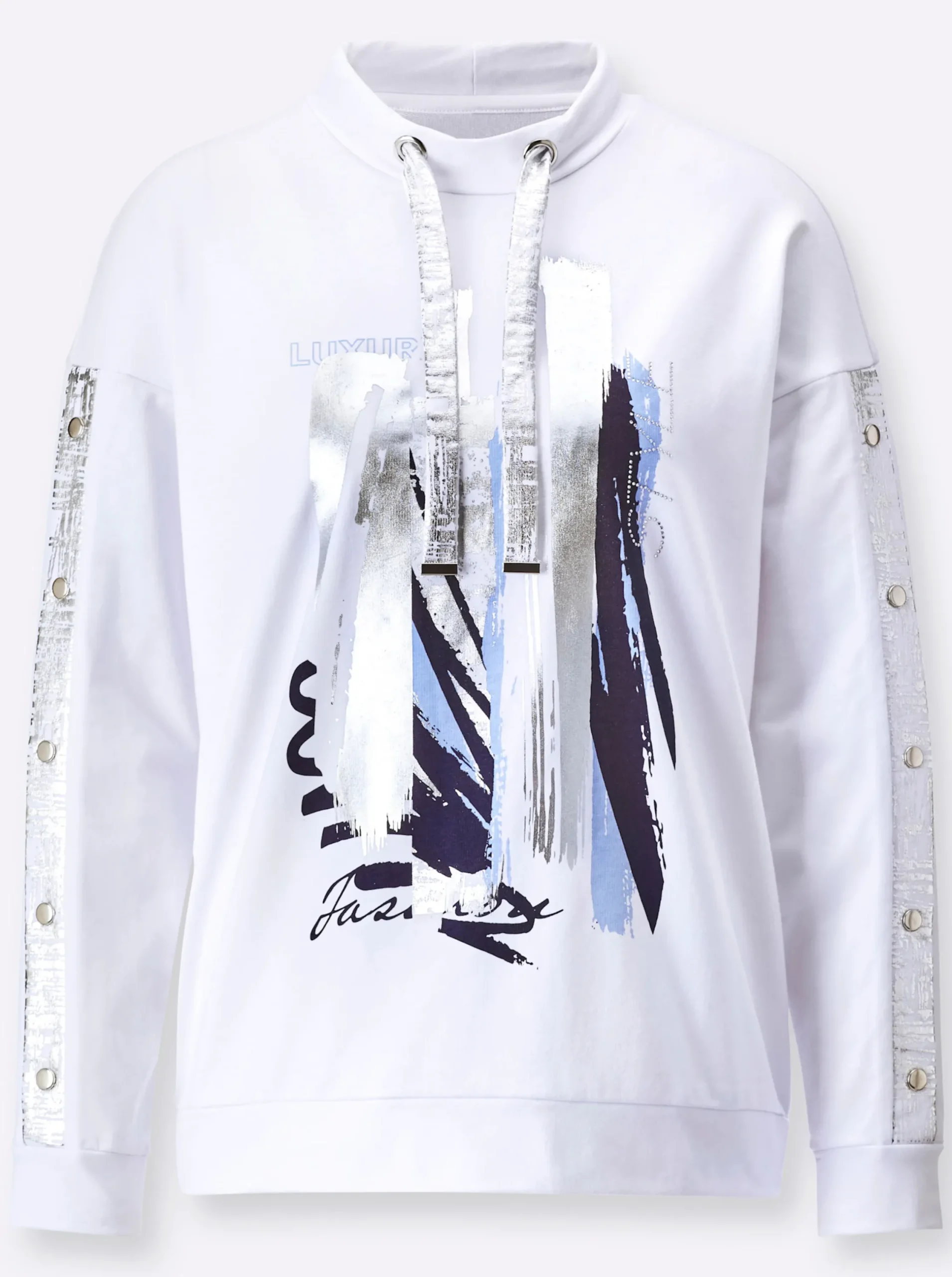 Pullover| Sweatshirt mit platziertem Metallic-Druck weiß-silberfarben-bedruckt