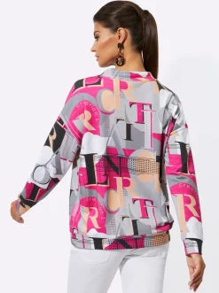 Pullover| Sweatshirt mit regulierbarem Stehkragen fuchsia-hellgrau-bedruckt