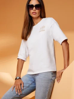 Pullover|heine Sweatshirt mit Schriftzug und Glitzersteinchen weiß