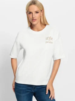 Pullover|heine Sweatshirt mit Schriftzug und Glitzersteinchen weiß