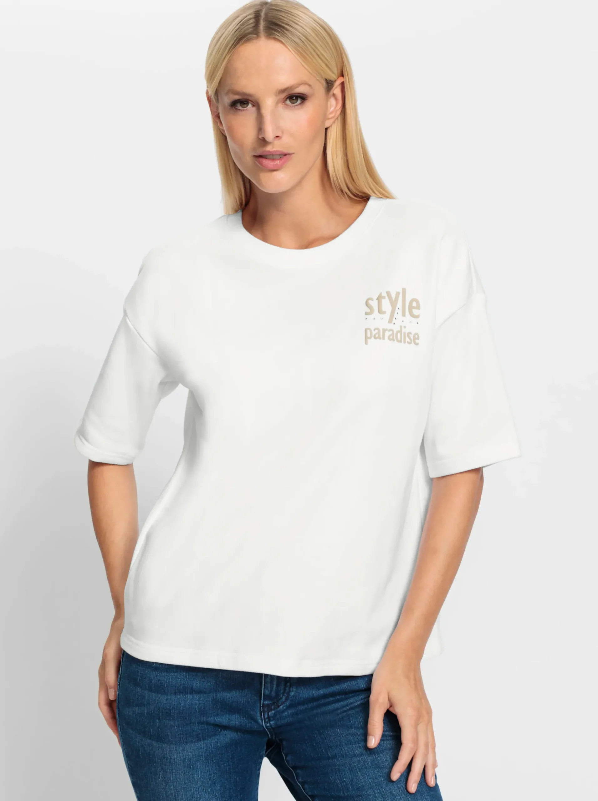 Pullover|heine Sweatshirt mit Schriftzug und Glitzersteinchen weiß