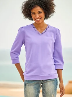 Shirts|heine Sweatshirt mit Spitze am V-Ausschnitt lavendel