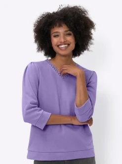Shirts|heine Sweatshirt mit Spitze am V-Ausschnitt lavendel