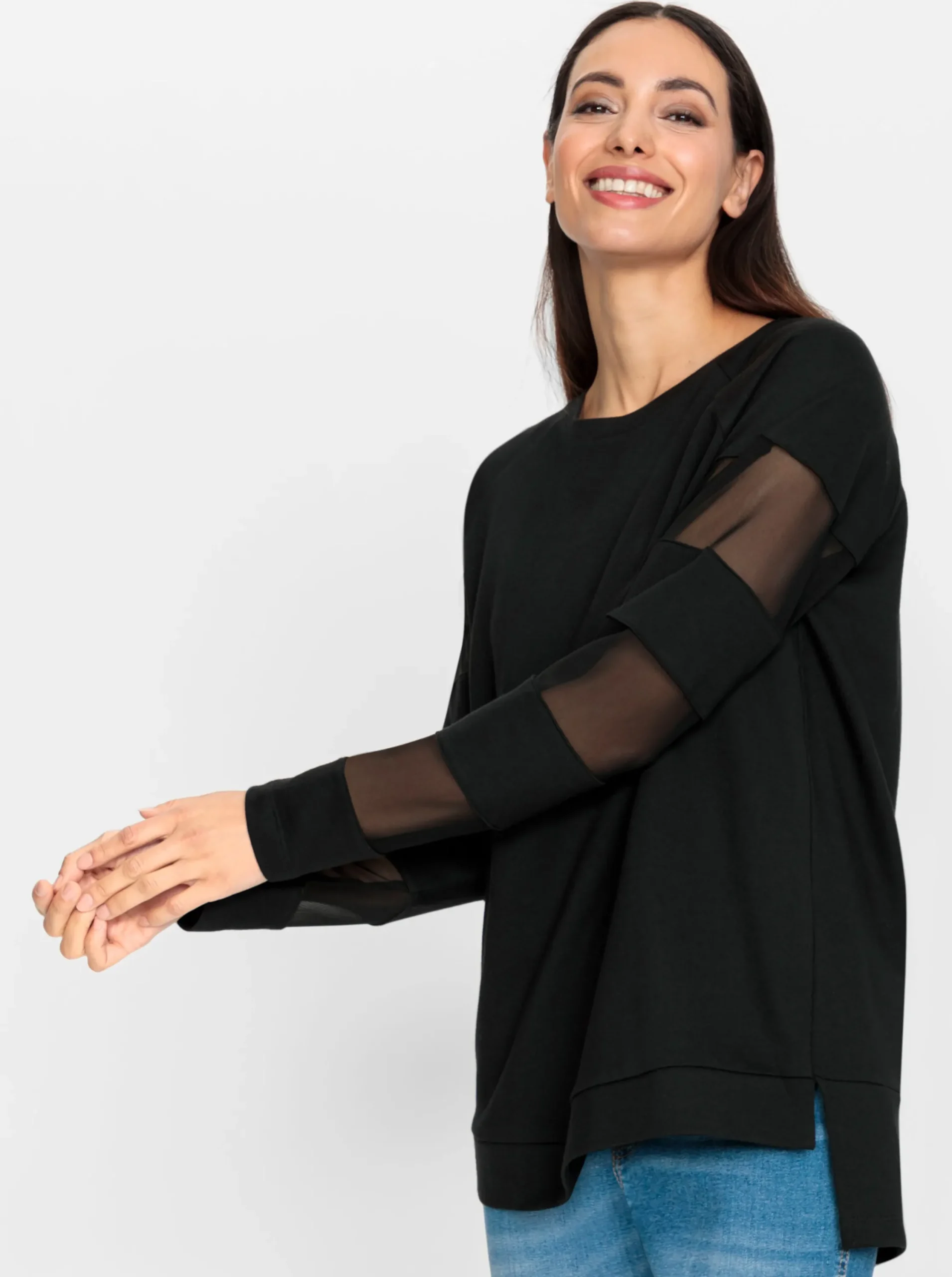 Pullover|heine Sweatshirt mit transparenten Mesh-Einsätzen schwarz