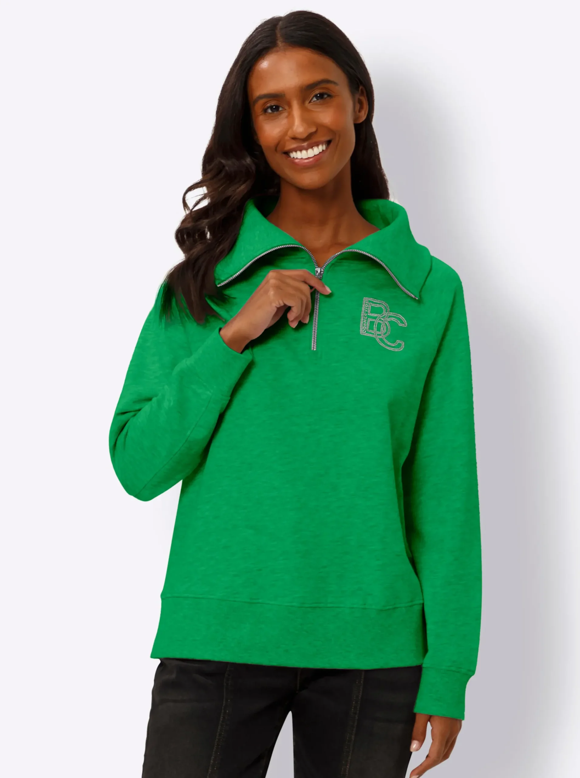 Pullover|Shirts|heine Sweatshirt mit Troyer-Kragen grasgrün