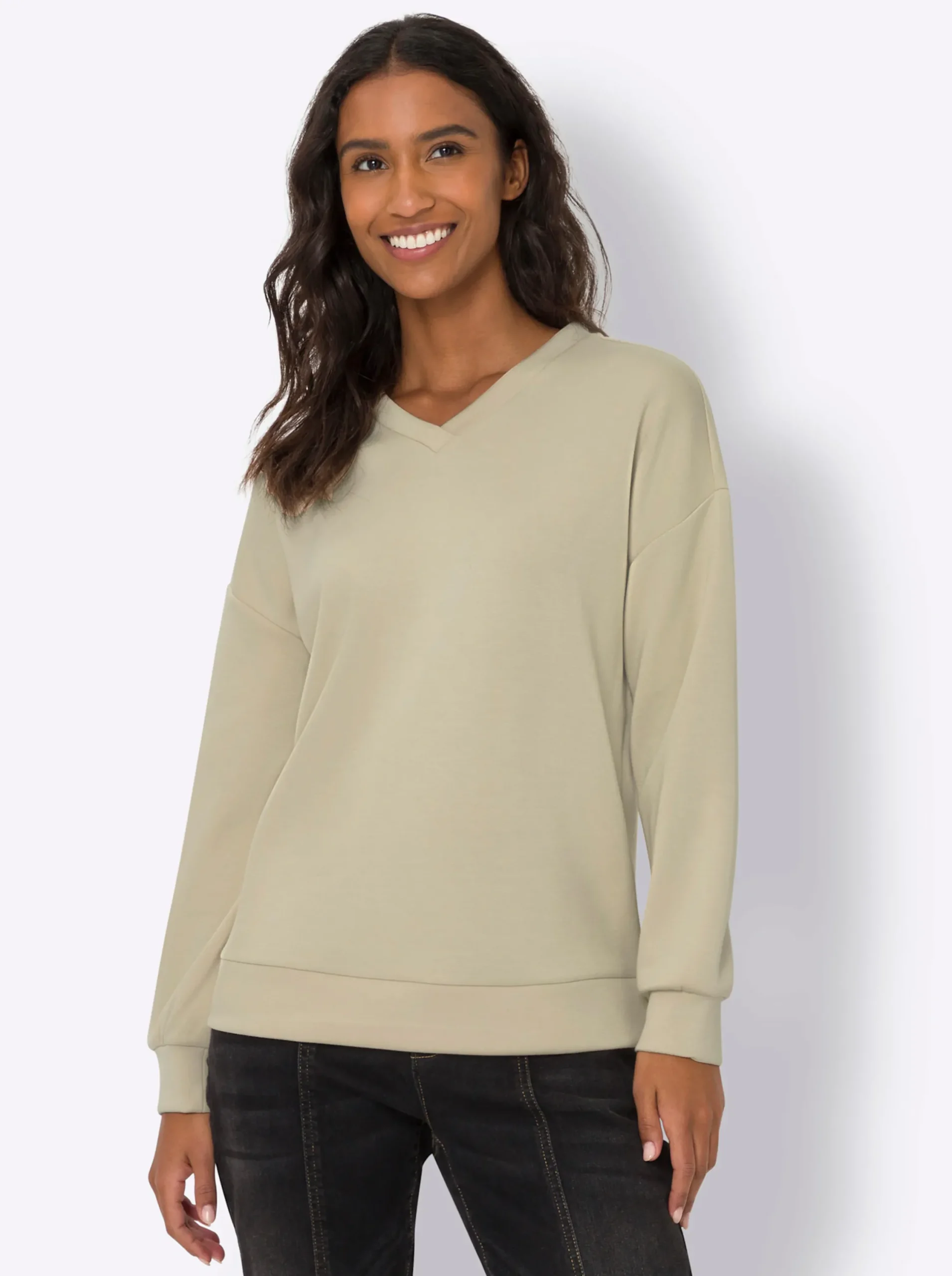 Shirts|heine Sweatshirt mit V-Ausschnitt, weich sand