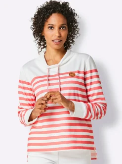 Pullover|Shirts|CREATION L PREMIUM Sweatshirt mit verlängertem Rückenteil weiß-grapefruit-geringelt