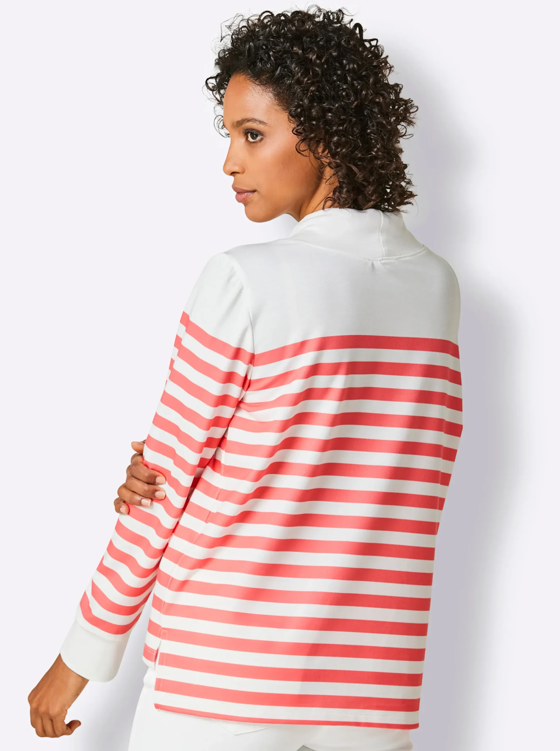 Pullover|Shirts|CREATION L PREMIUM Sweatshirt mit verlängertem Rückenteil weiß-grapefruit-geringelt