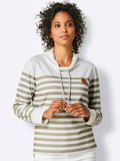 Pullover|Shirts|CREATION L PREMIUM Sweatshirt mit verlängertem Rückenteil weiß-schlamm-geringelt