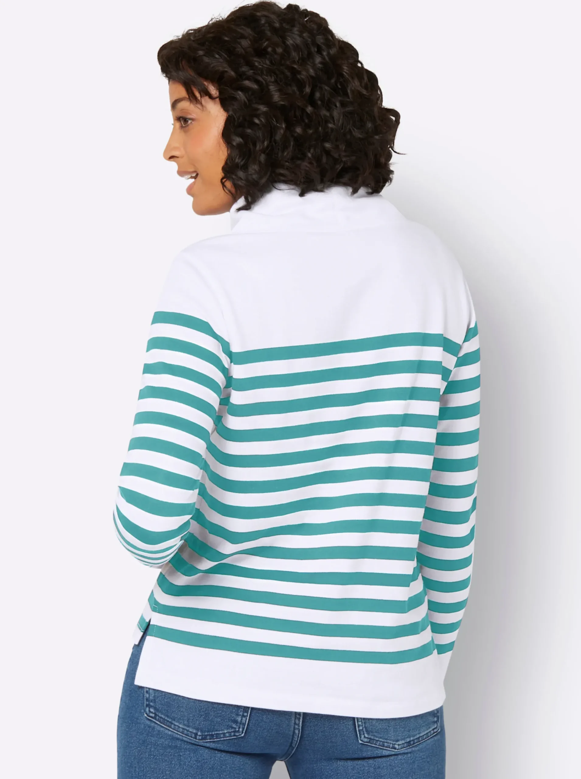 Pullover|Shirts| Sweatshirt mit verlängertem Rückteil weiß-ozean-geringelt