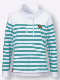 Pullover|Shirts| Sweatshirt mit verlängertem Rückteil weiß-ozean-geringelt