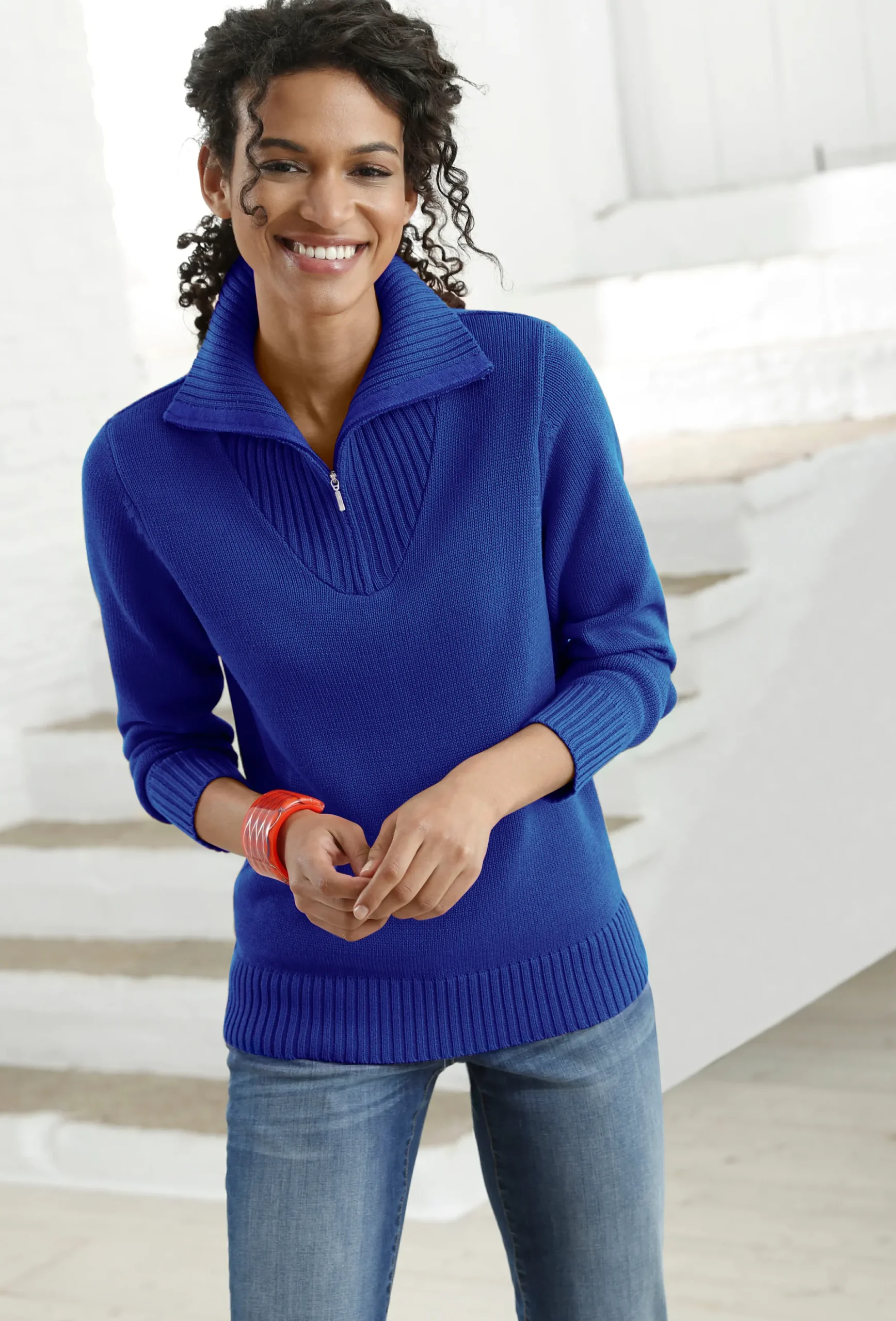 Pullover| Troyer mit breiten Rippabschlüssen royalblau
