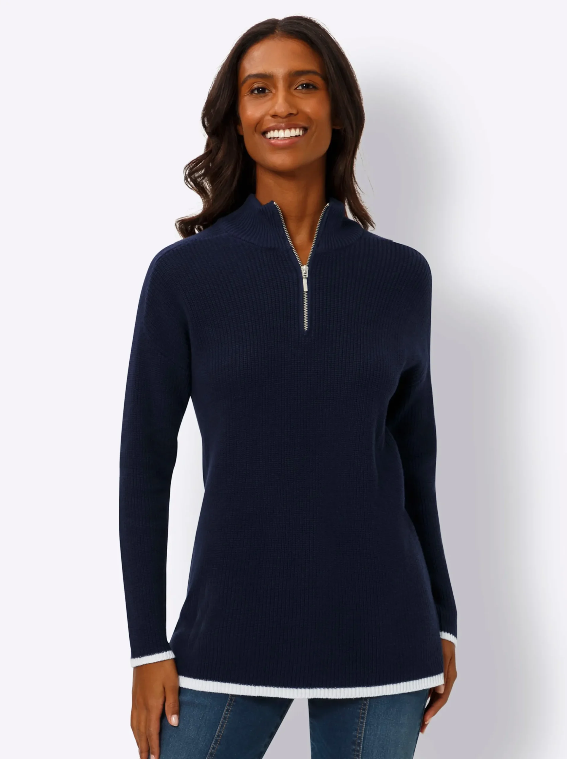 Pullover|heine Troyer mit Kontrastpaspeln marine