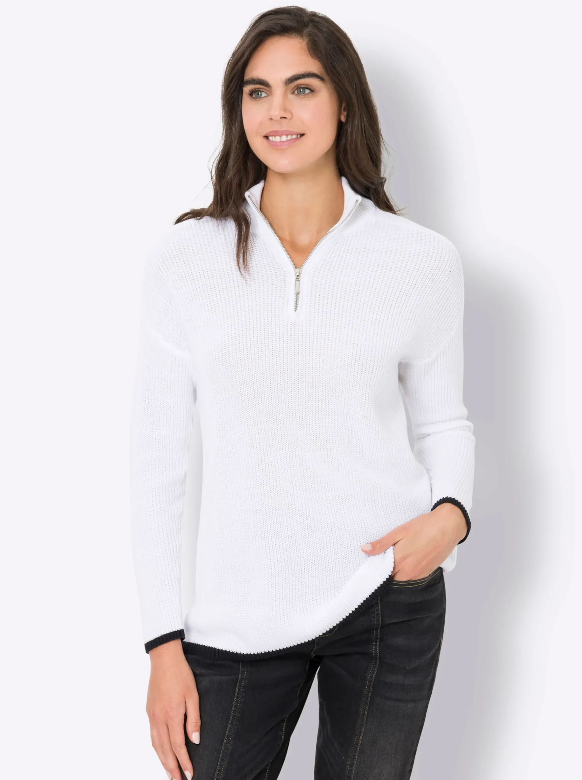 Pullover|heine Troyer mit Kontrastpaspeln weiß