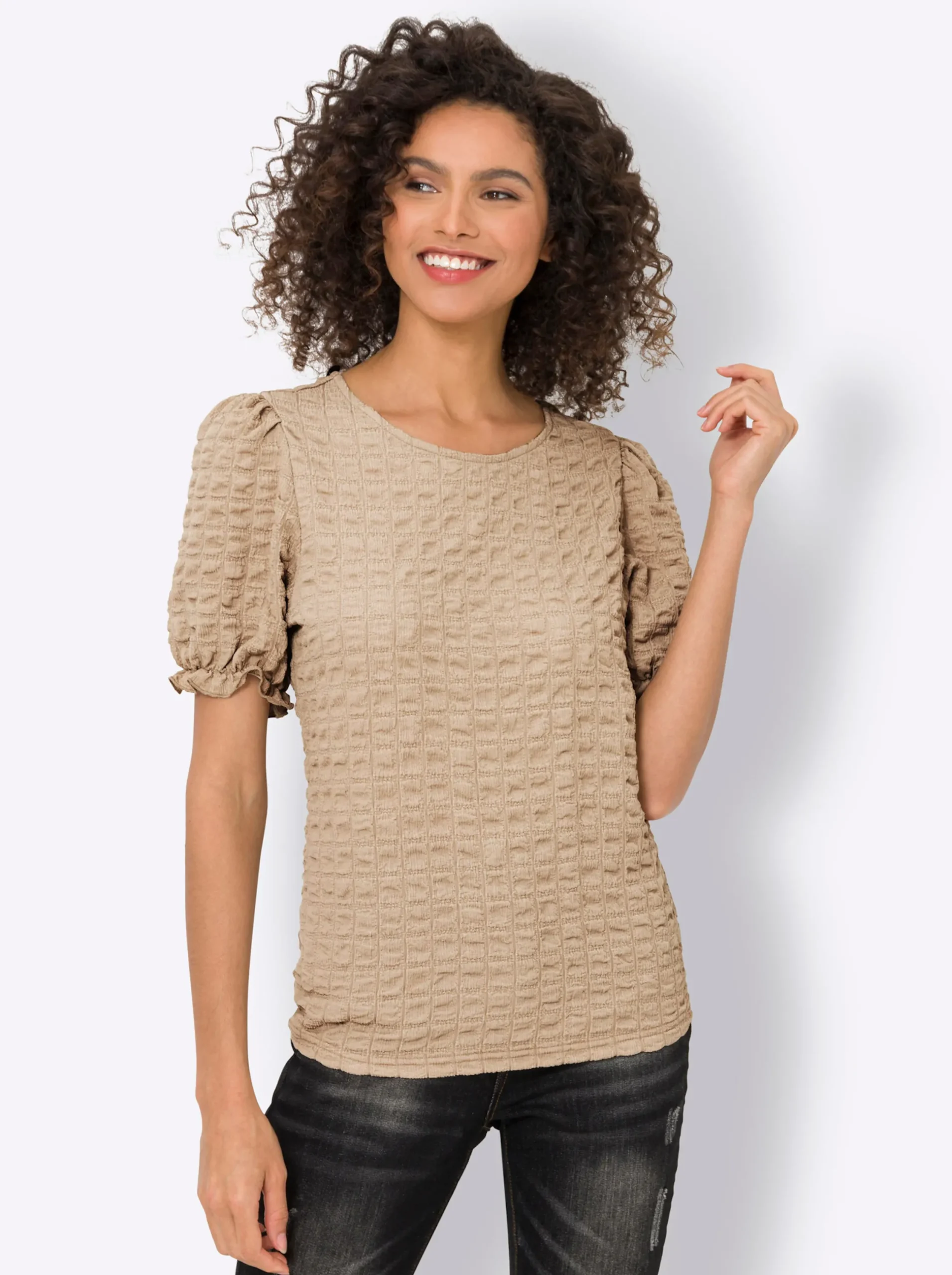 Shirts|heine T-Shirt in gesmokter Qualität sesam