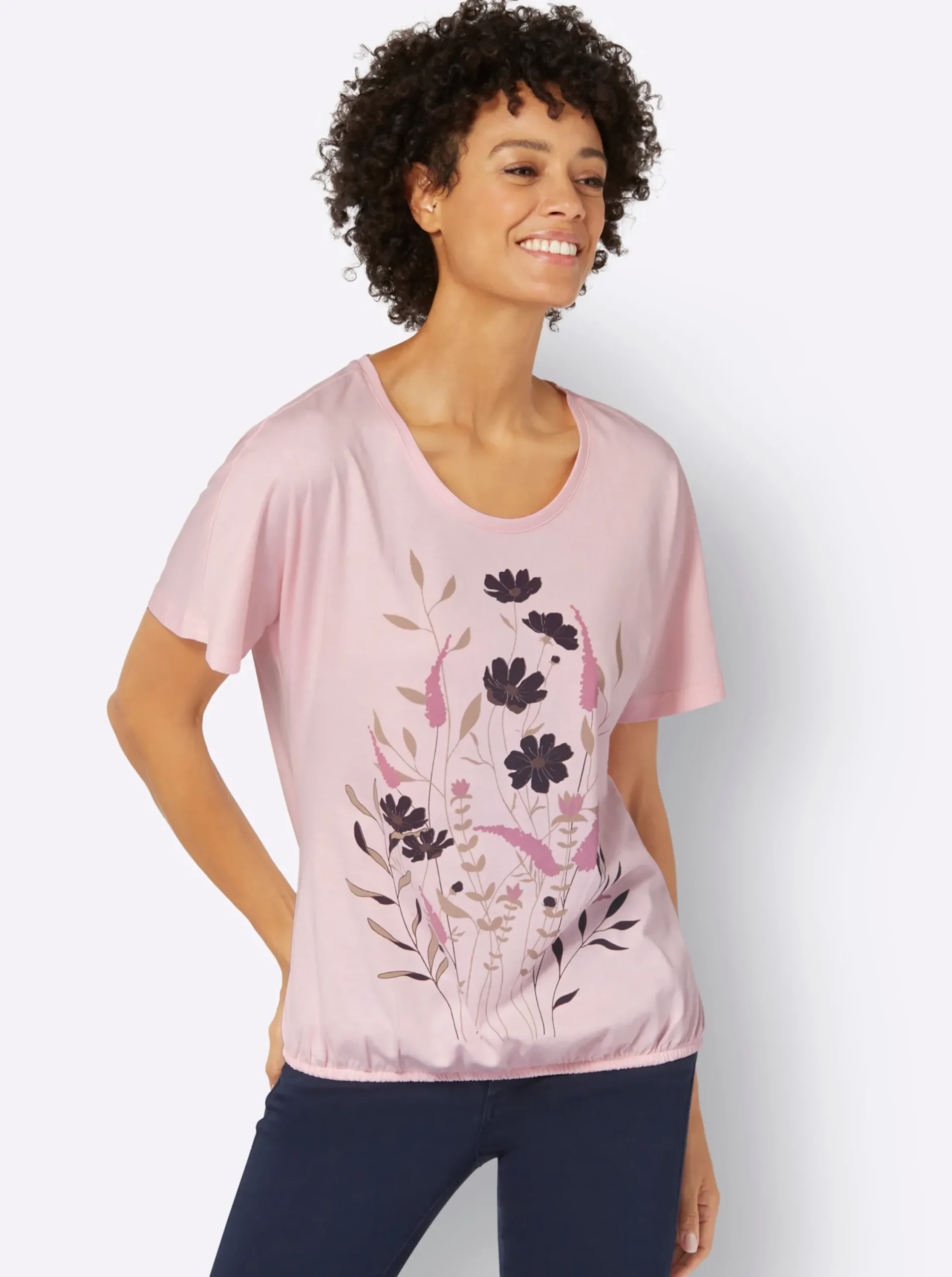 Shirts| T-Shirt mit Blumen-Druck im Vorderteil hellrosé