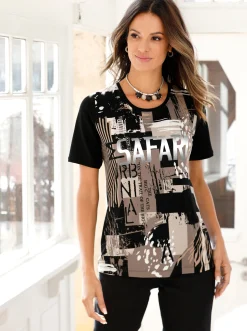 Shirts| T-Shirt mit silberfarbigem Druck schwarz-sand-bedruckt
