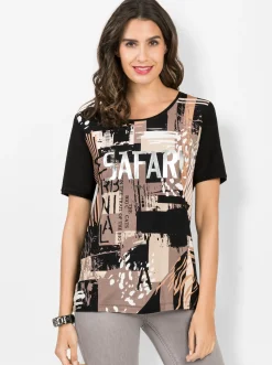 Shirts| T-Shirt mit silberfarbigem Druck schwarz-sand-bedruckt