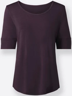 Strandmode| T-Shirt mit zweilagigem Ärmelbündchen aubergine
