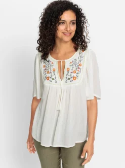 Blusen| Tunika mit Blüten-Stickerei ecru