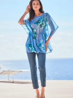 Blusen|heine Tunika mit weitenregulierbarer Taille himmelblau-blaugrün-bedruckt