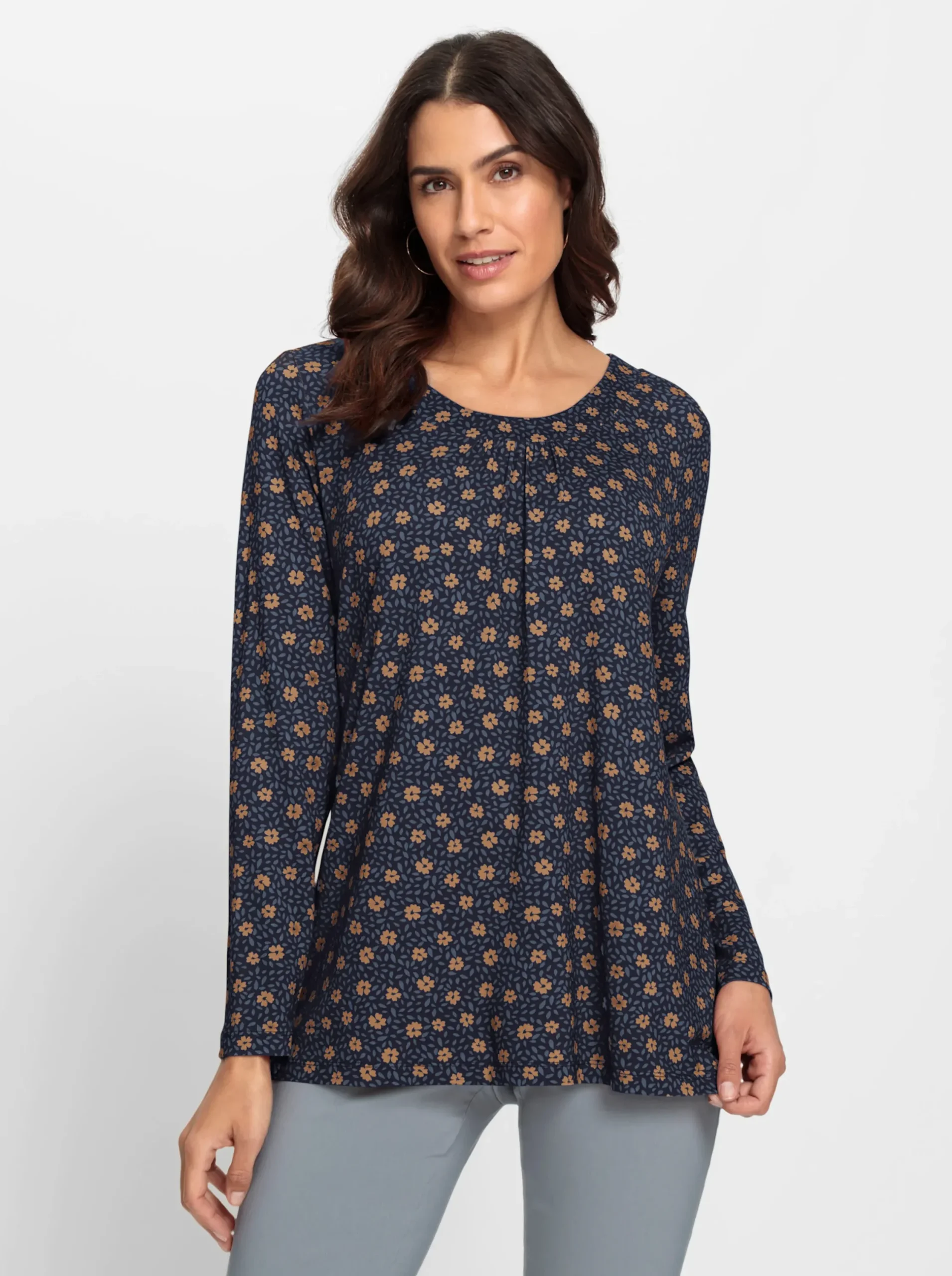 Shirts| Tunikashirt in A-Form marine-camel-bedruckt