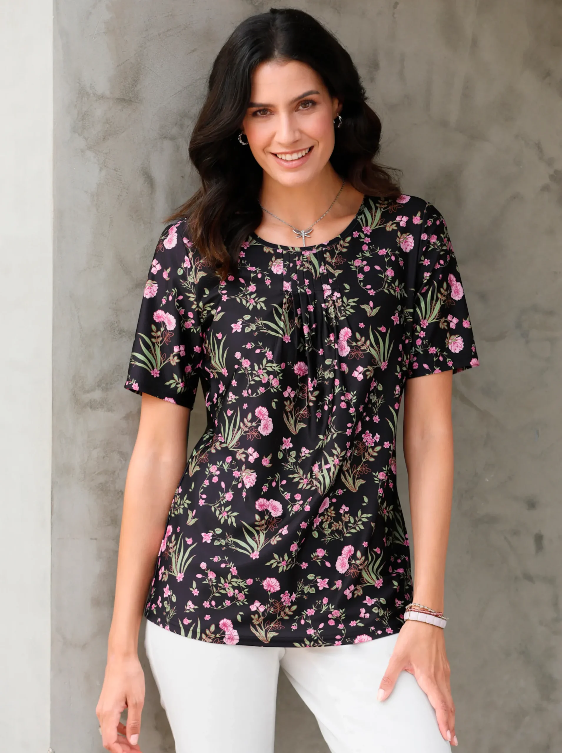 Shirts| Tunikashirt in Longform schwarz-rosé-bedruckt