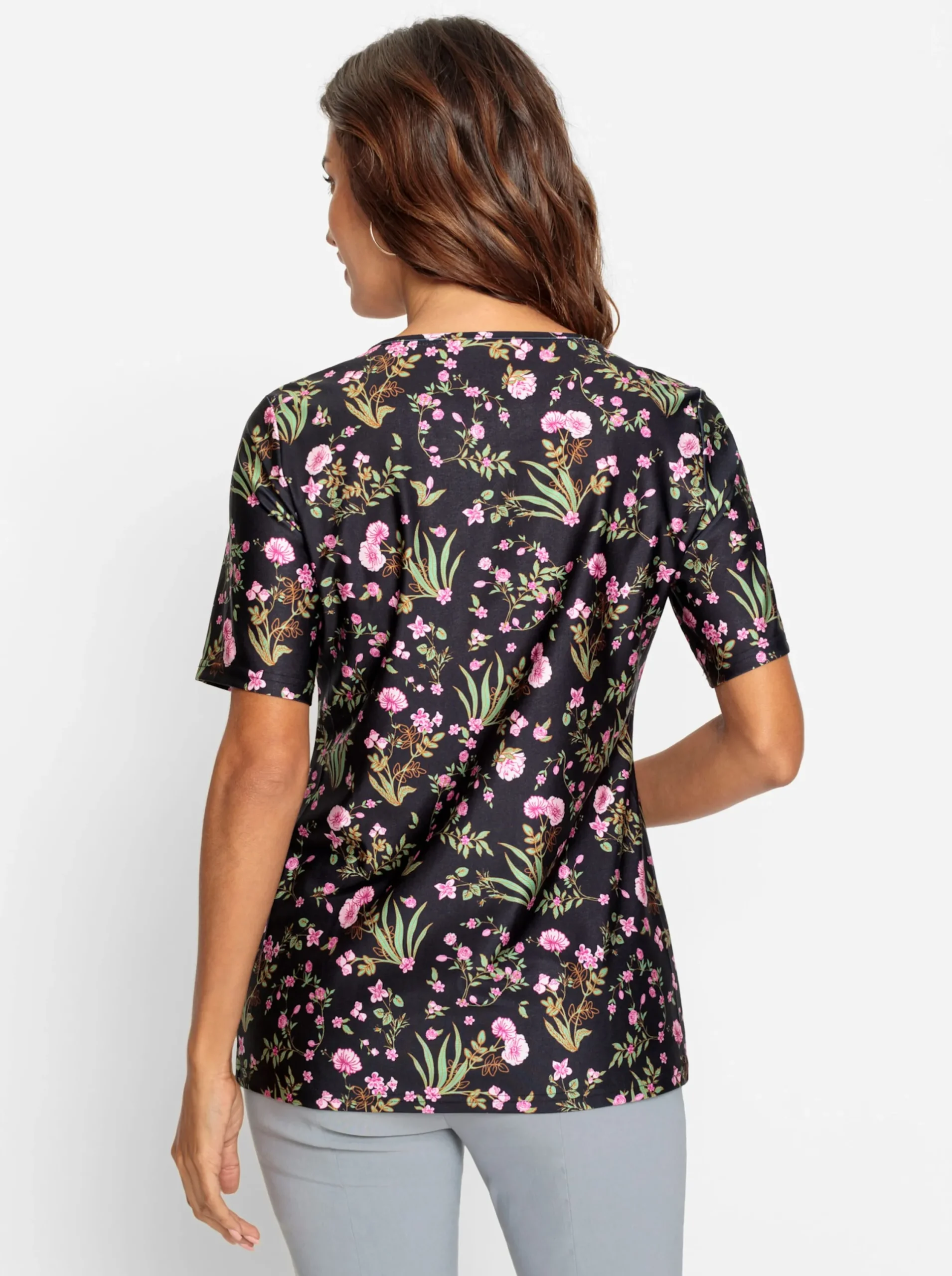 Shirts| Tunikashirt in Longform schwarz-rosé-bedruckt