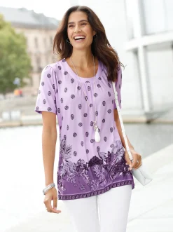 Shirts| Tunikashirt mit Raffung am Ausschnitt flieder-bedruckt