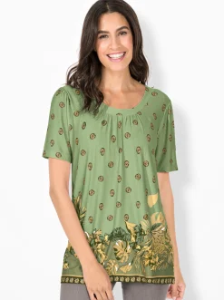 Shirts| Tunikashirt mit Raffung am Ausschnitt pistazie-bedruckt