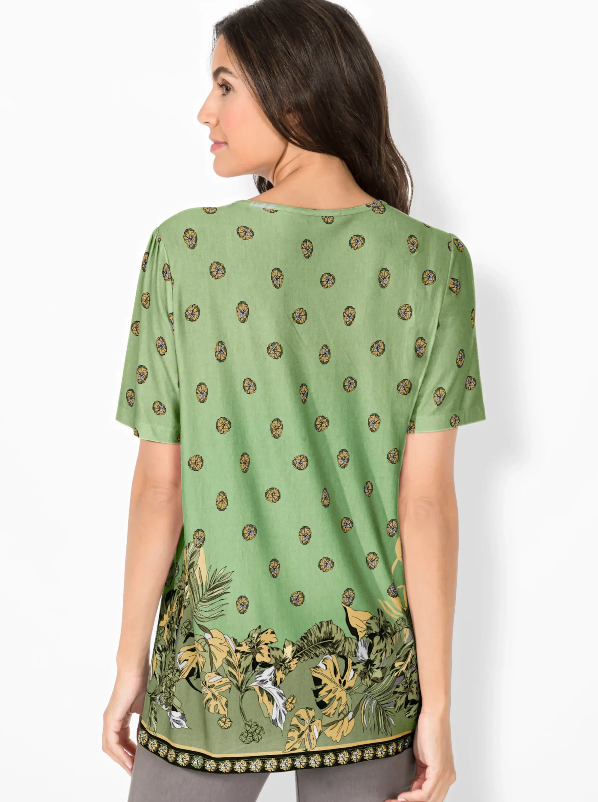 Shirts| Tunikashirt mit Raffung am Ausschnitt pistazie-bedruckt