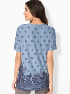 Shirts| Tunikashirt mit Raffung am Ausschnitt hellblau-bedruckt