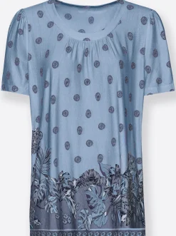 Shirts| Tunikashirt mit Raffung am Ausschnitt hellblau-bedruckt