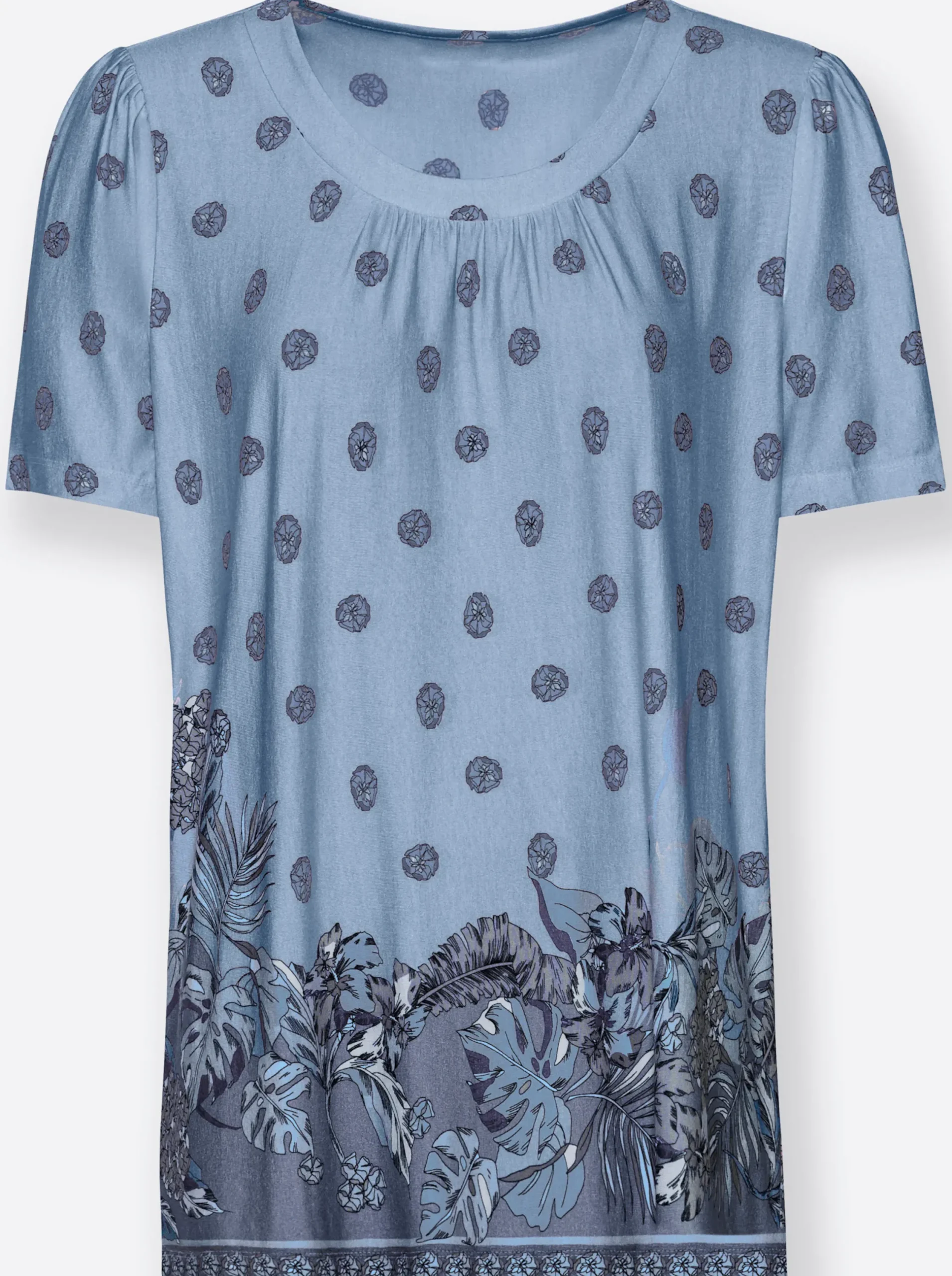 Shirts| Tunikashirt mit Raffung am Ausschnitt hellblau-bedruckt