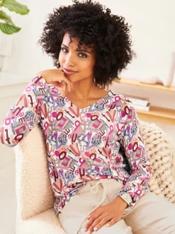 Pullover|heine V-Ausschnitt-Pullover champagner-hortensie-bedruckt