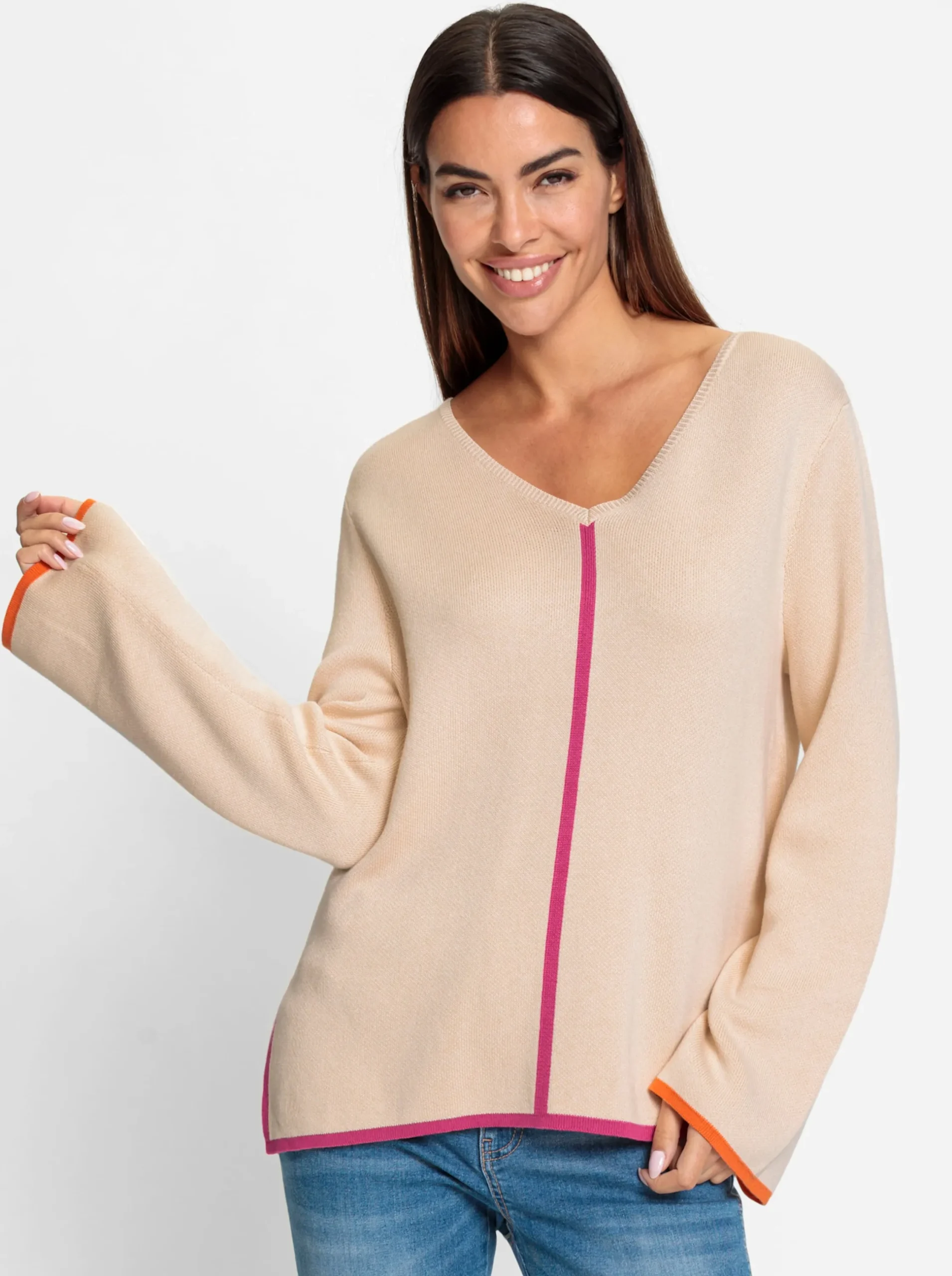 Pullover|heine V-Ausschnitt-Pullover elfenbein-fuchsia