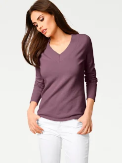 Pullover|heine V-Ausschnitt-Pullover aus reiner Baumwolle mauve