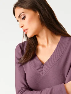 Pullover|heine V-Ausschnitt-Pullover aus reiner Baumwolle mauve