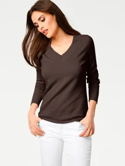 Pullover|heine V-Ausschnitt-Pullover aus reiner Baumwolle schokobraun