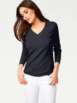 Pullover|heine V-Ausschnitt-Pullover aus reiner Baumwolle marine