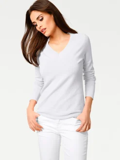 Pullover|heine V-Ausschnitt-Pullover aus reiner Baumwolle weiß