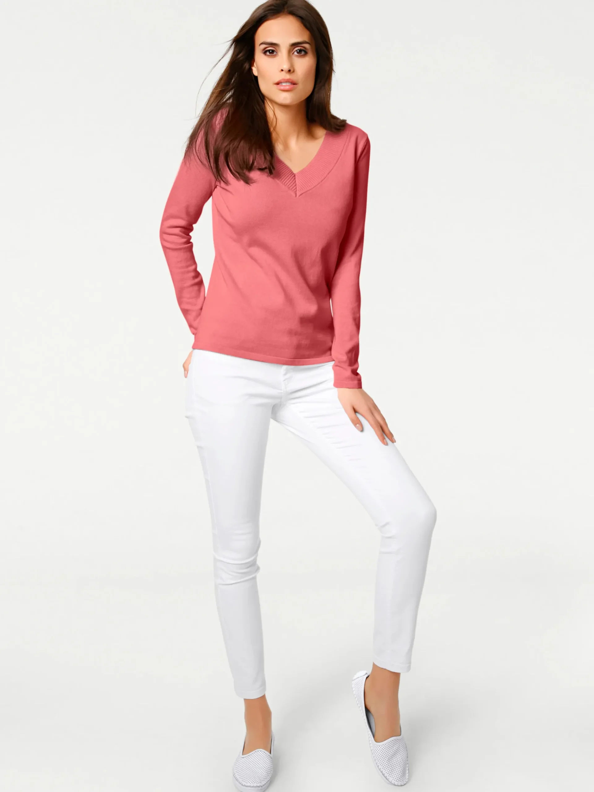 Pullover|heine V-Ausschnitt-Pullover aus reiner Baumwolle koralle