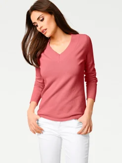 Pullover|heine V-Ausschnitt-Pullover aus reiner Baumwolle koralle