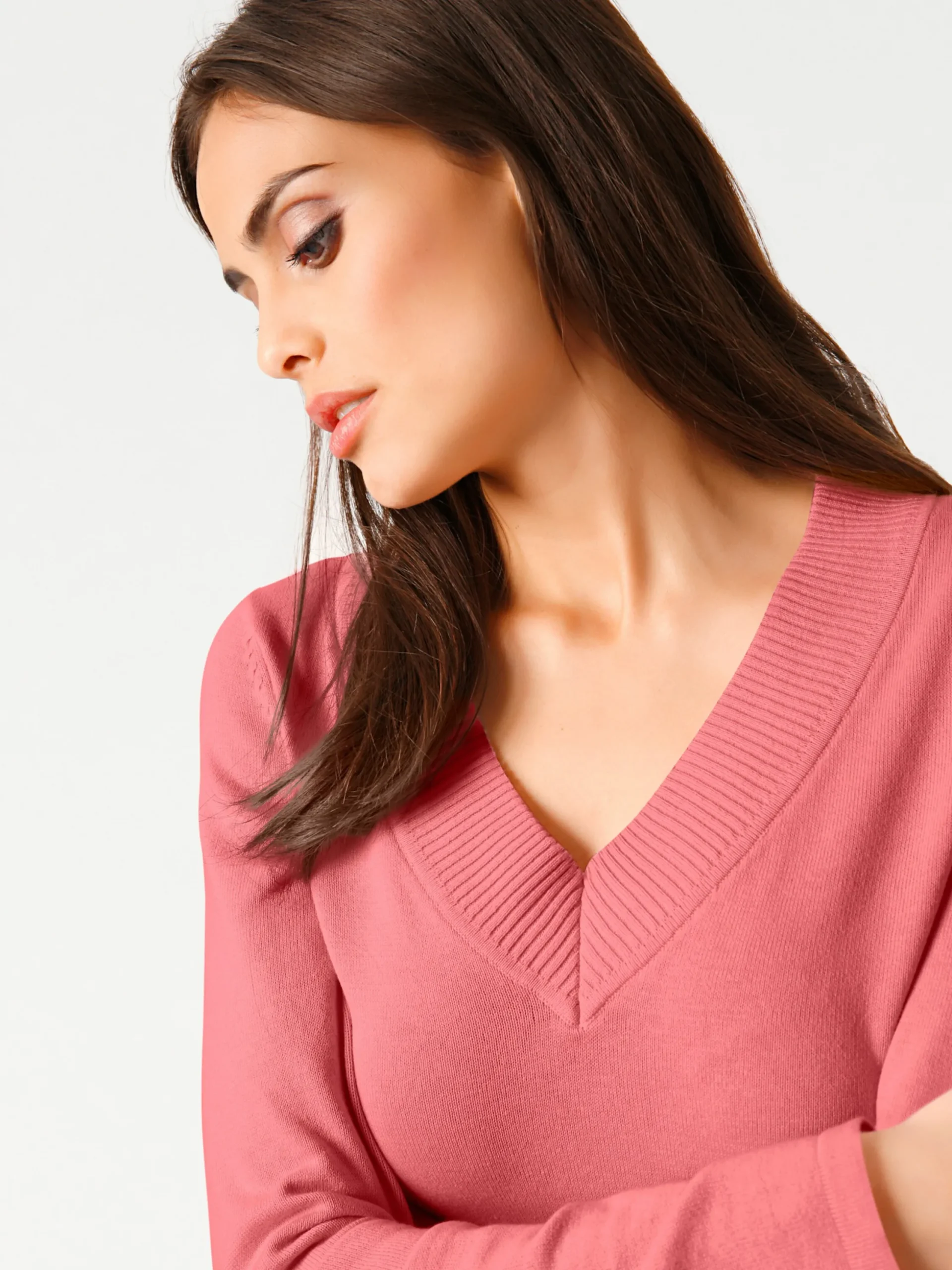 Pullover|heine V-Ausschnitt-Pullover aus reiner Baumwolle koralle