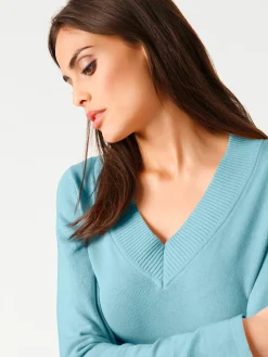 Pullover|heine V-Ausschnitt-Pullover aus reiner Baumwolle aqua